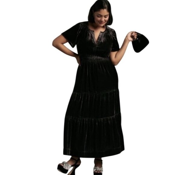 Anthropologie Dresses & Skirts - Anthropologie Gunmetal Velvet tiered ruched Maxi Dress L petite romantic feminin